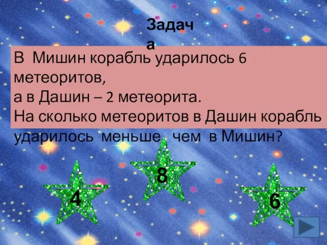 В Мишин корабль ударилось 6 метеоритов, а в Дашин – 2 метеорита.