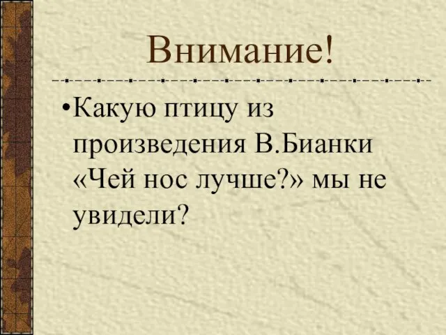 Внимание! Какую птицу из произведения В.Бианки «Чей нос лучше?» мы не увидели?