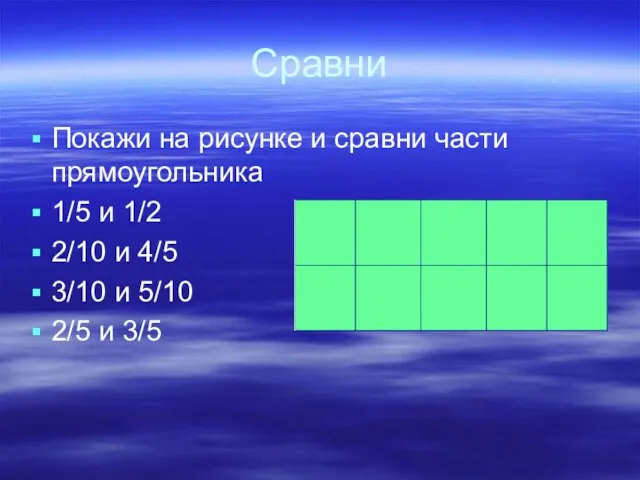 Сравни Покажи на рисунке и сравни части прямоугольника 1/5 и 1/2 2/10