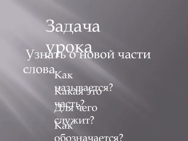 Задача урока Узнать о новой части слова Как называется? Какая это часть?