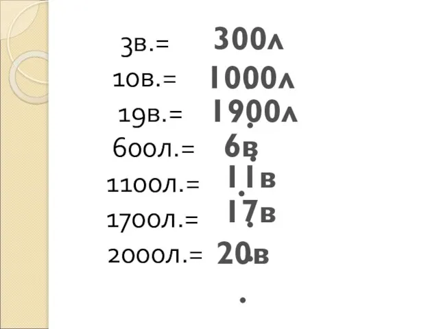 3в.= 10в.= 19в.= 600л.= 1100л.= 1700л.= 2000л.= 300л. 1000л. 1900л. 6в. 11в. 17в. 20в.