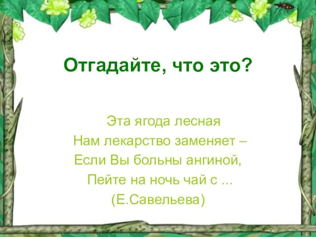 Отгадайте, что это? Эта ягода лесная Нам лекарство заменяет – Если Вы