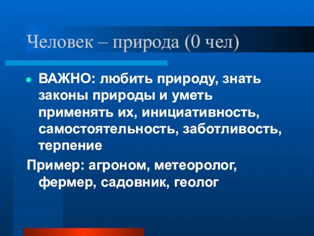 Человек – природа (0 чел) ВАЖНО: любить природу, знать законы природы и