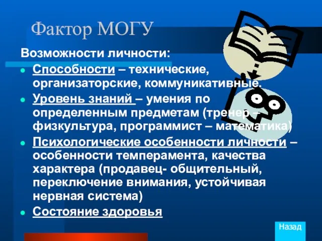 Фактор МОГУ Возможности личности: Способности – технические, организаторские, коммуникативные. Уровень знаний –