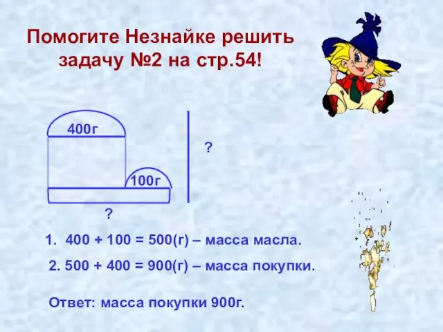 Помогите Незнайке решить задачу №2 на стр.54! 400г 100г ? ? 1.