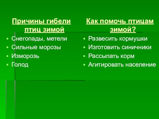 Причины гибели птиц зимой Снегопады, метели Сильные морозы Изморозь Голод Как помочь