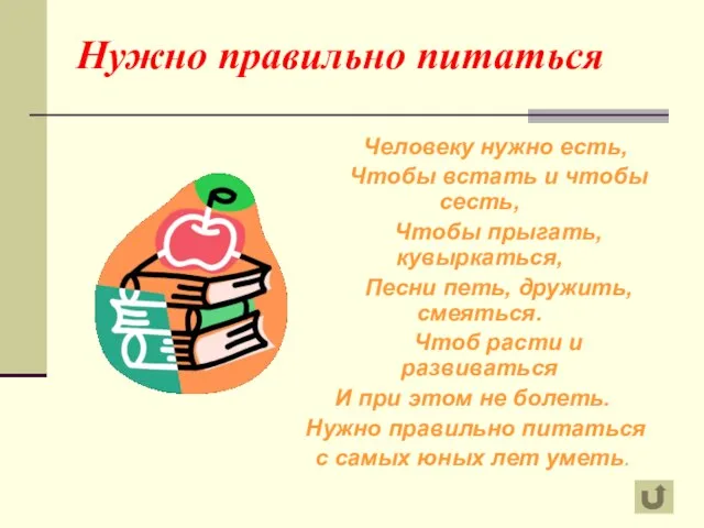 Нужно правильно питаться Человеку нужно есть, Чтобы встать и чтобы сесть, Чтобы