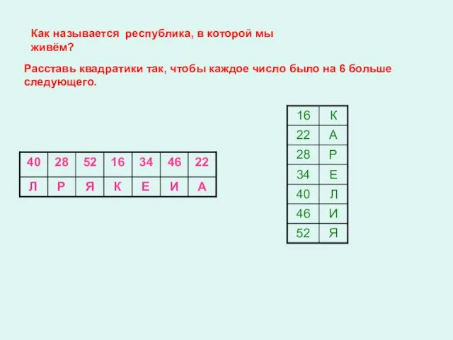 Как называется республика, в которой мы живём? Расставь квадратики так, чтобы каждое