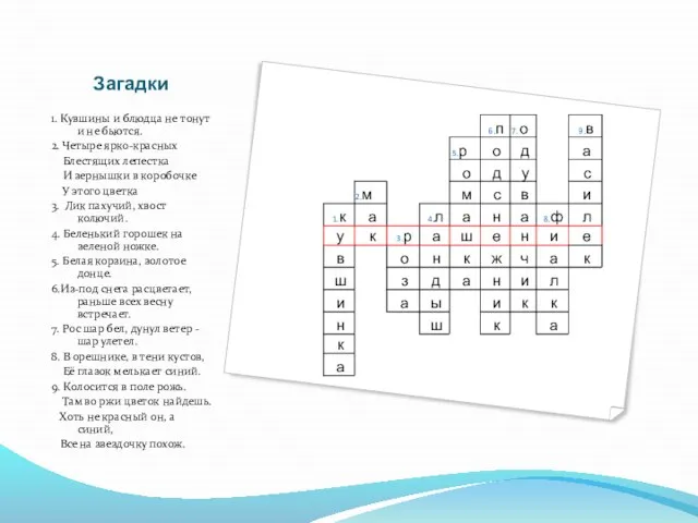 Загадки 1. Кувшины и блюдца не тонут и не бьются. 2. Четыре