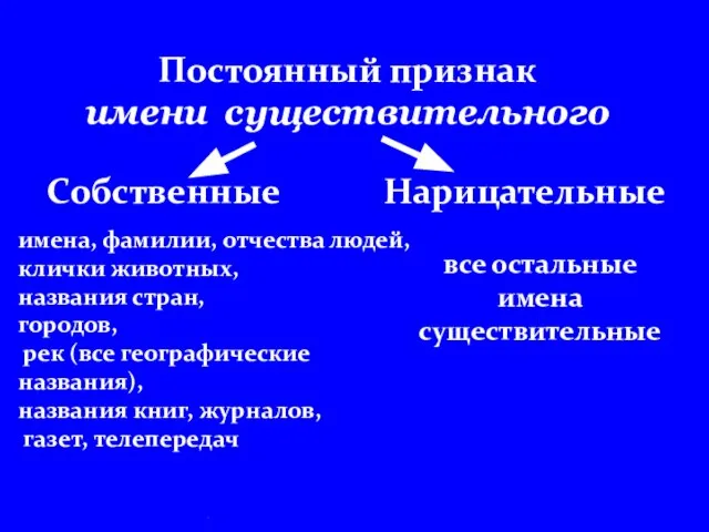 . Постоянный признак имени существительного Собственные Нарицательные имена, фамилии, отчества людей, клички