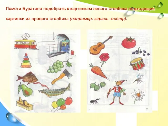 Помоги Буратино подобрать к картинкам левого столбика подходящие картинки из правого столбика (например: карась -осётр).