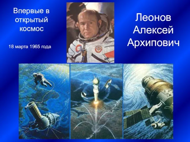 Впервые в открытый космос Леонов Алексей Архипович 18 марта 1965 года
