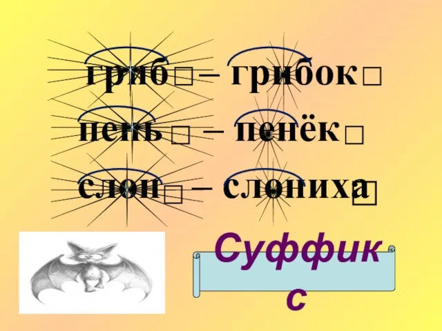 гриб – грибок пень – пенёк слон – слониха □ □ □ Суффикс □ □ □