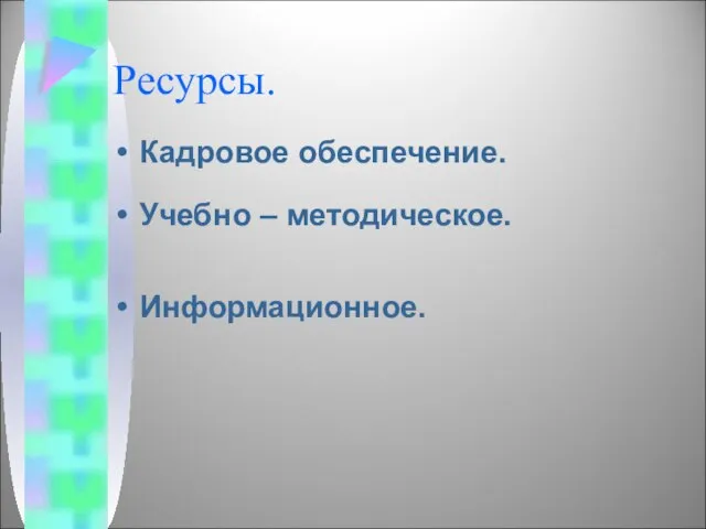 Ресурсы. Кадровое обеспечение. Учебно – методическое. Информационное.