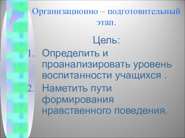 Организационно – подготовительный этап. Цель: Определить и проанализировать уровень воспитанности учащихся .