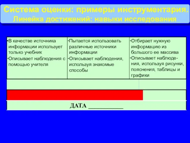 Система оценки: примеры инструментария. Линейка достижений: навыки исследования