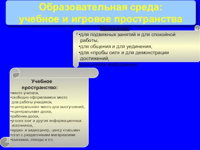 Образовательная среда: учебное и игровое пространства Назначение: для подвижных занятий и для