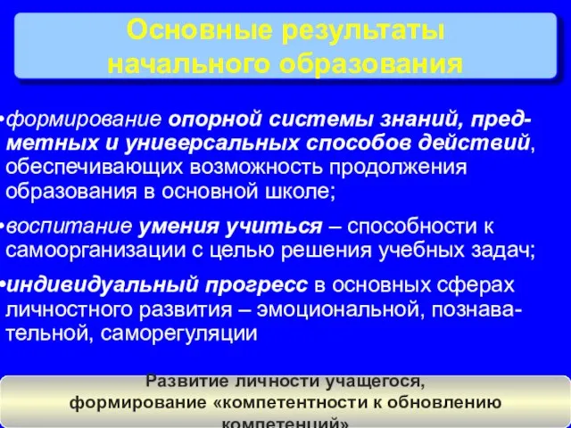 Основные результаты начального образования формирование опорной системы знаний, пред-метных и универсальных способов