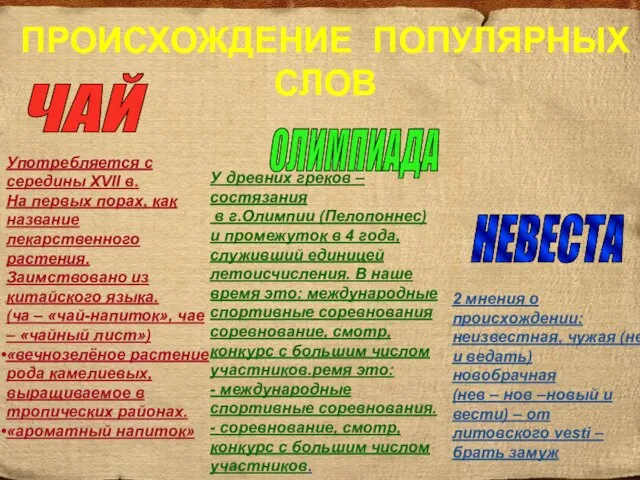 ЧАЙ НЕВЕСТА ОЛИМПИАДА ПРОИСХОЖДЕНИЕ ПОПУЛЯРНЫХ СЛОВ Употребляется с середины XVII в. На