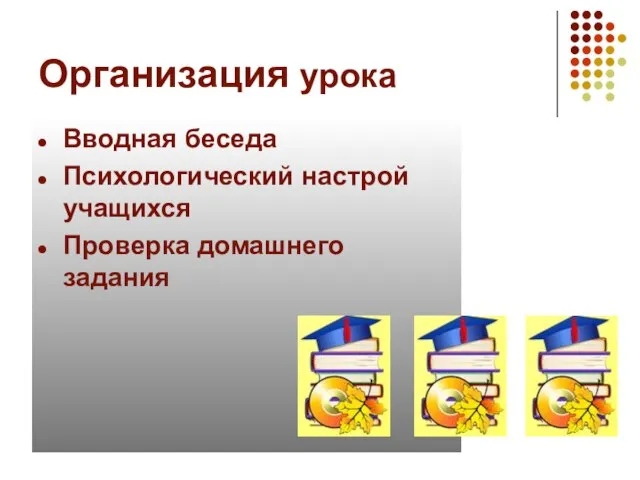 Организация урока Вводная беседа Психологический настрой учащихся Проверка домашнего задания