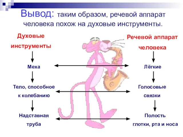 Вывод: таким образом, речевой аппарат человека похож на духовые инструменты. Духовые инструменты