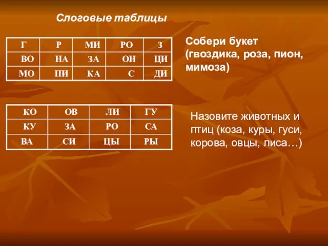 Слоговые таблицы Собери букет (гвоздика, роза, пион, мимоза) Назовите животных и птиц