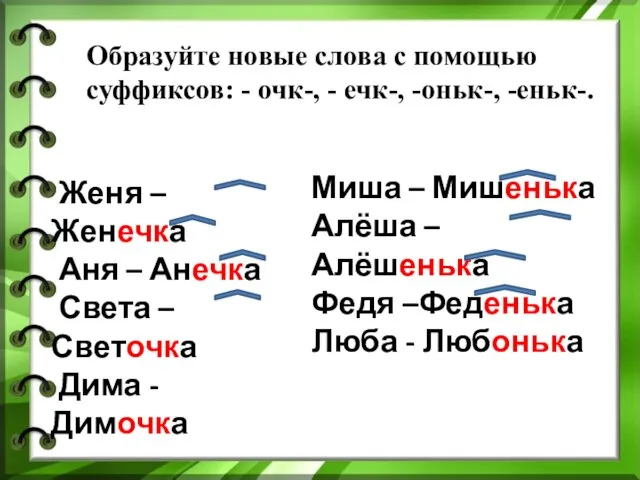 Образуйте новые слова с помощью суффиксов: - очк-, - ечк-, -оньк-, -еньк-.