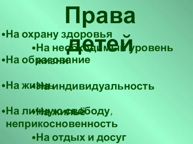 Права детей На необходимый уровень жизни На индивидуальность На жильё На отдых