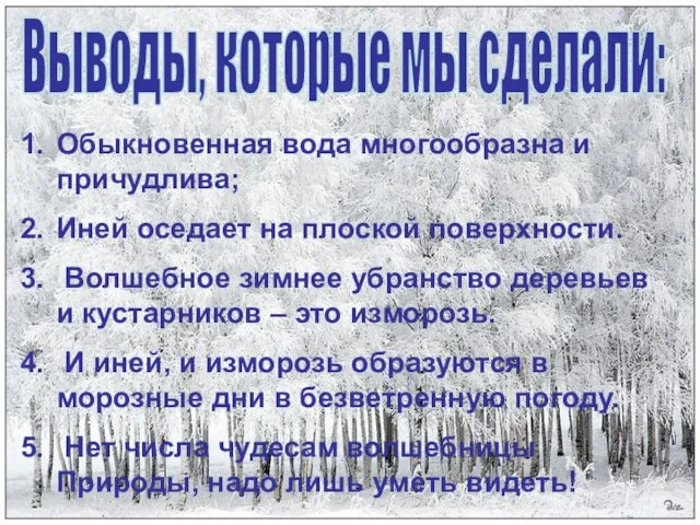 Выводы, которые мы сделали: Обыкновенная вода многообразна и причудлива; Иней оседает на