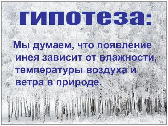 Мы думаем, что появление инея зависит от влажности, температуры воздуха и ветра в природе. гипотеза: