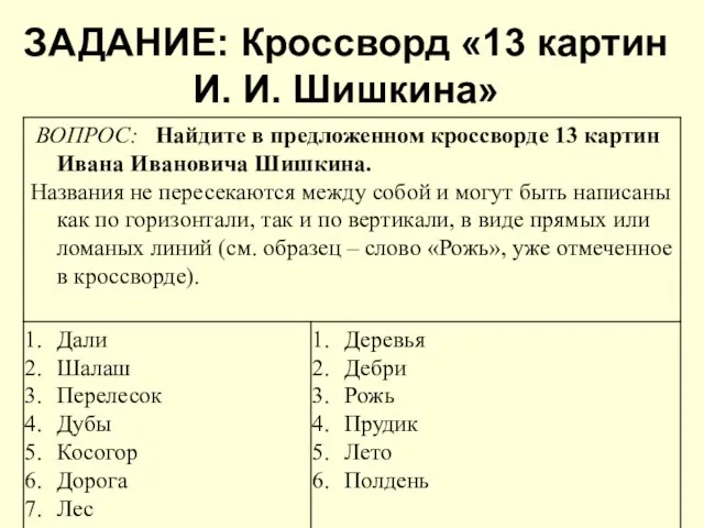 ЗАДАНИЕ: Кроссворд «13 картин И. И. Шишкина»