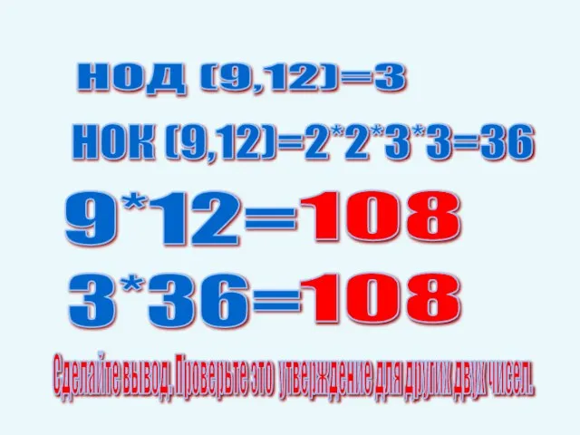 НОД (9,12)=3 НОК (9,12)=2*2*3*3=36 9*12= 3*36= 108 108 Сделайте вывод. Проверьте это