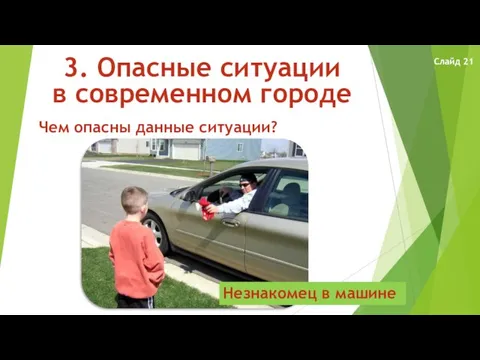 3. Опасные ситуации в современном городе Чем опасны данные ситуации? Незнакомец в машине Слайд 21