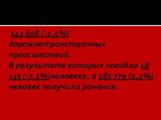 143 608 (-2,5%) дорожнотранспортных происшествий. В результате которых погибло 18 333 (-7,2%)человека,