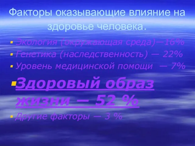 Факторы оказывающие влияние на здоровье человека. Экология (окружающая среда)―16% Генетика (наследственность) —