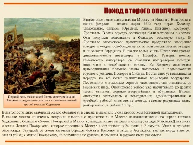 Поход второго ополчения Второе ополчение выступило на Москву из Нижнего Новгорода в