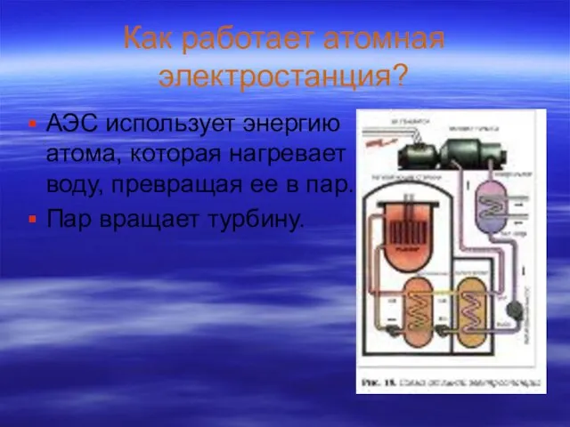 Как работает атомная электростанция? АЭС использует энергию атома, которая нагревает воду, превращая