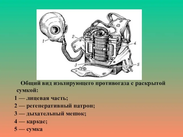 Общий вид изолирующего противогаза с раскрытой сумкой: 1 — лицевая часть; 2