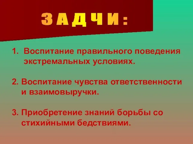 З А Д Ч И : 1. Воспитание правильного поведения экстремальных условиях.