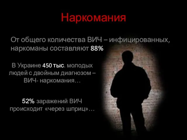 Наркомания От общего количества ВИЧ – инфицированных, наркоманы составляют 88% В Украине