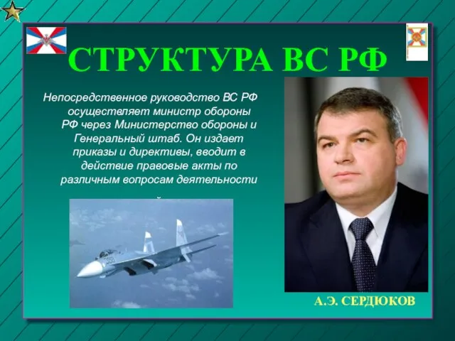 СТРУКТУРА ВС РФ Непосредственное руководство ВС РФ осуществляет министр обороны РФ через