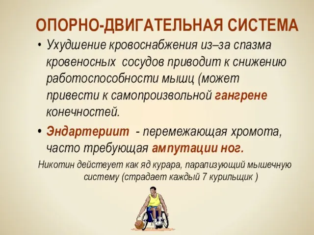 ОПОРНО-ДВИГАТЕЛЬНАЯ СИСТЕМА Ухудшение кровоснабжения из–за спазма кровеносных сосудов приводит к снижению работоспособности