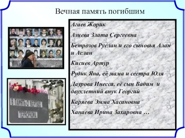 Вечная память погибшим Агаев Жорик Азиева Злата Сергеевна Бетрозов Руслан и его