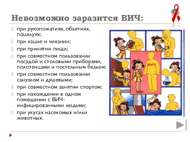 Невозможно заразится ВИЧ: при рукопожатиях, объятиях, поцелуях; при кашле и чихании; при