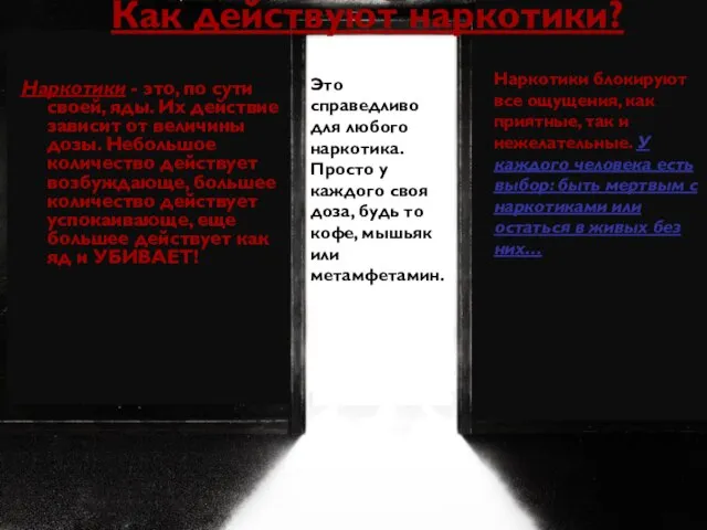 Как действуют наркотики? Наркотики - это, по сути своей, яды. Их действие