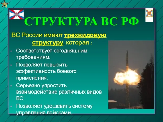 СТРУКТУРА ВС РФ ВС России имеют трехвидовую структуру, которая : Соответствует сегодняшним