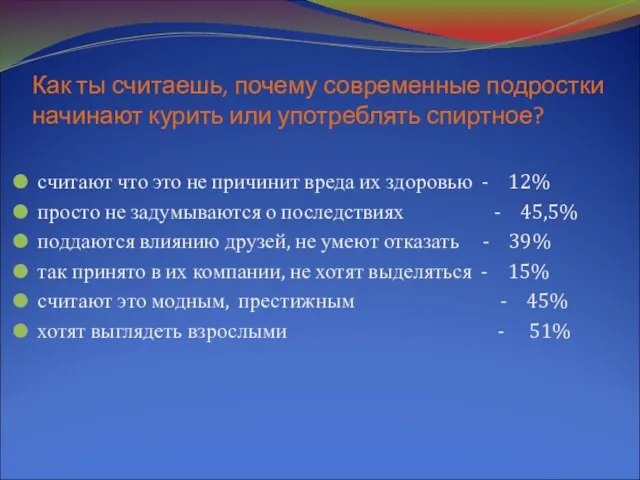 Как ты считаешь, почему современные подростки начинают курить или употреблять спиртное? считают