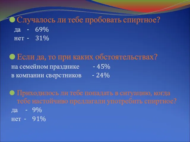 Случалось ли тебе пробовать спиртное? да - 69% нет - 31% Если