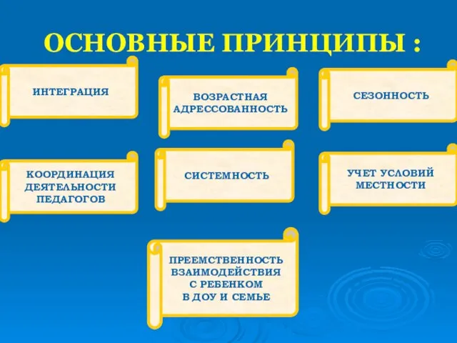 ОСНОВНЫЕ ПРИНЦИПЫ : ВОЗРАСТНАЯ АДРЕССОВАННОСТЬ УЧЕТ УСЛОВИЙ МЕСТНОСТИ ИНТЕГРАЦИЯ СИСТЕМНОСТЬ СЕЗОННОСТЬ КООРДИНАЦИЯ