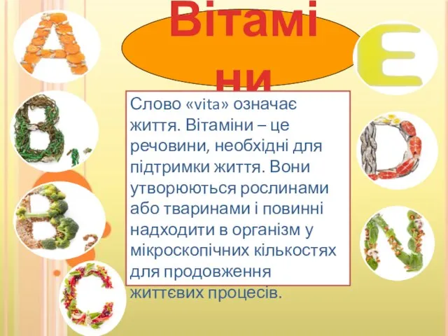 Вітаміни Слово «vita» означає життя. Вітаміни – це речовини, необхідні для підтримки